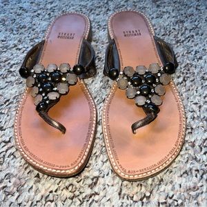 Stuart Weitzman Brown Leather Jeweled Flip Flops 8.5M EUC